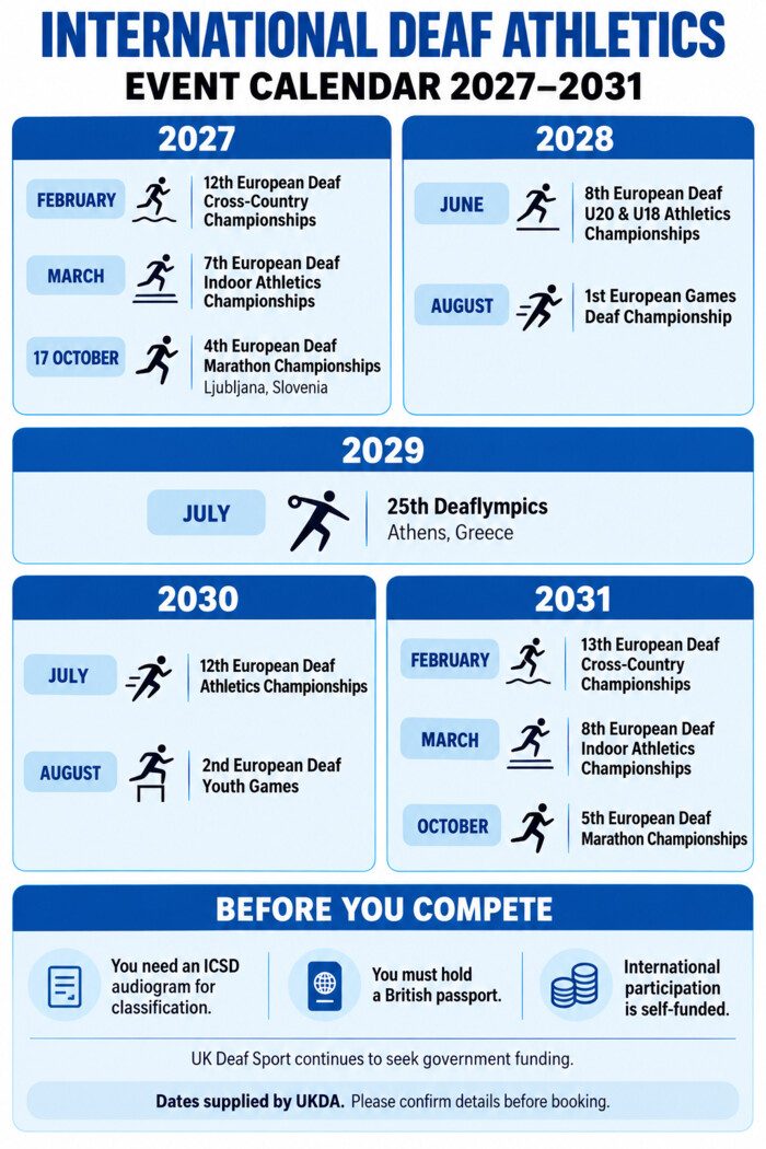 International Deaf athletics calendar 2027–2031. Full event details are provided below.